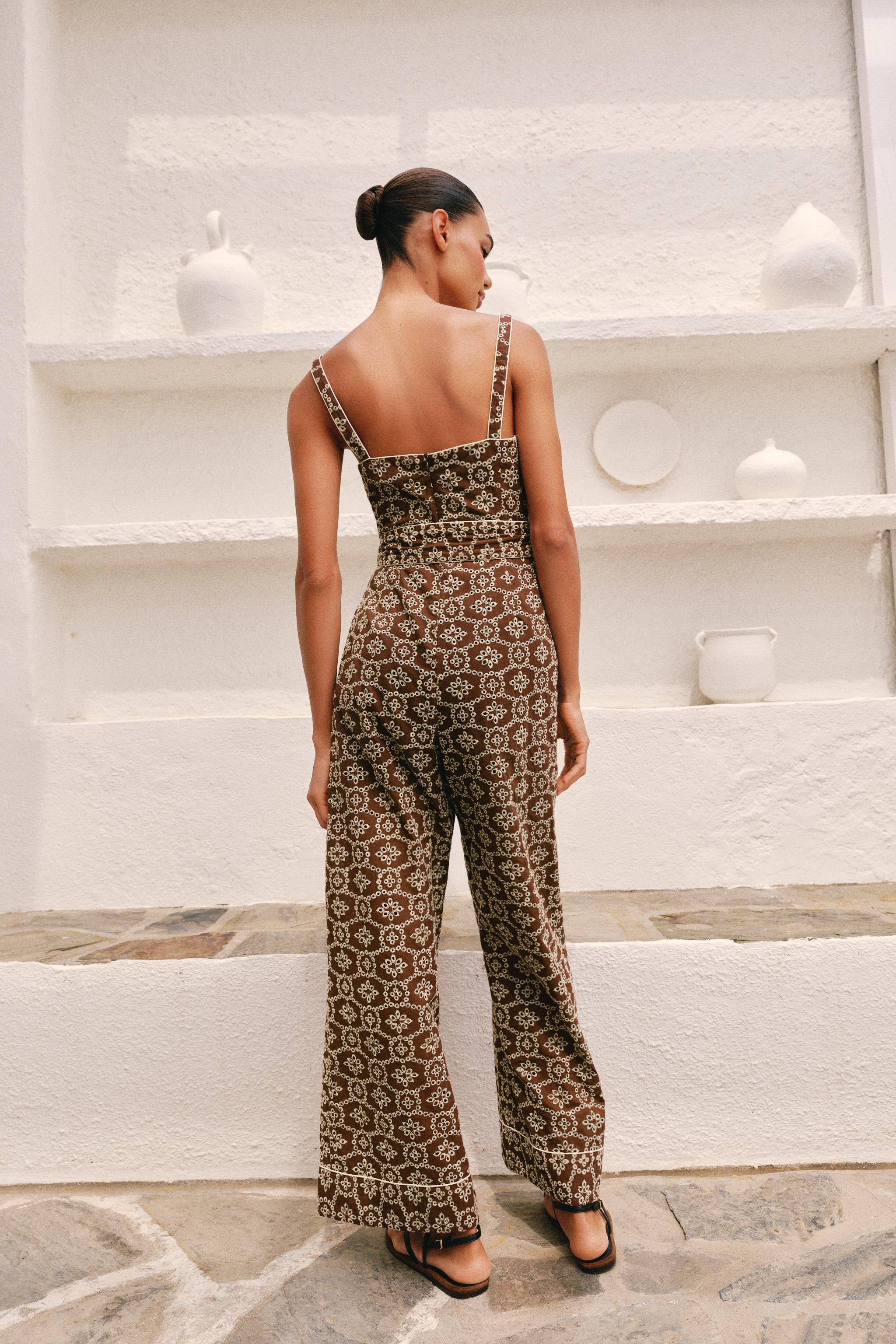 EMBROIDERED EYELET BELTED JUMPSUIT